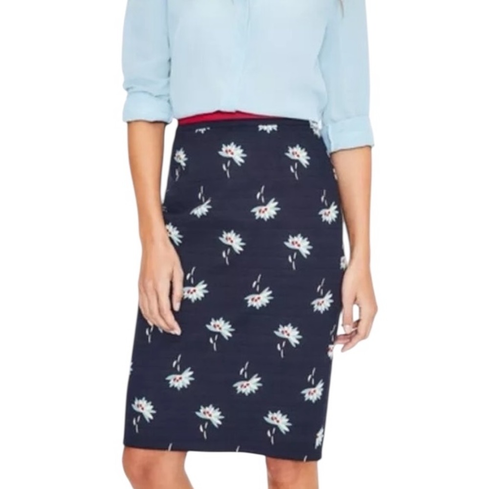 LN Boden Navy Blue Dandelion Floral Print Ribbon Trim Modern Pencil Skirt - 10